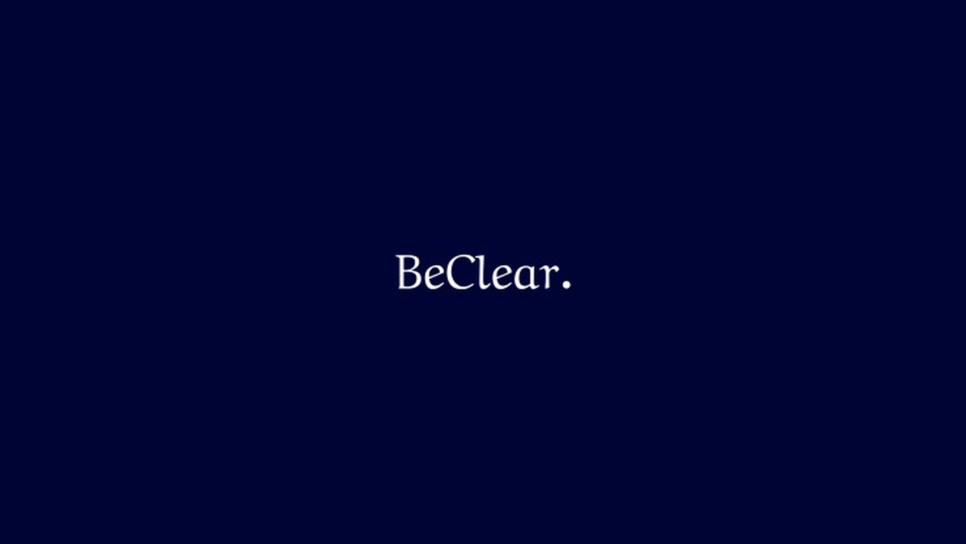 The BeClear wordmark — "BeClear." set in a white serif on a deep navy field.