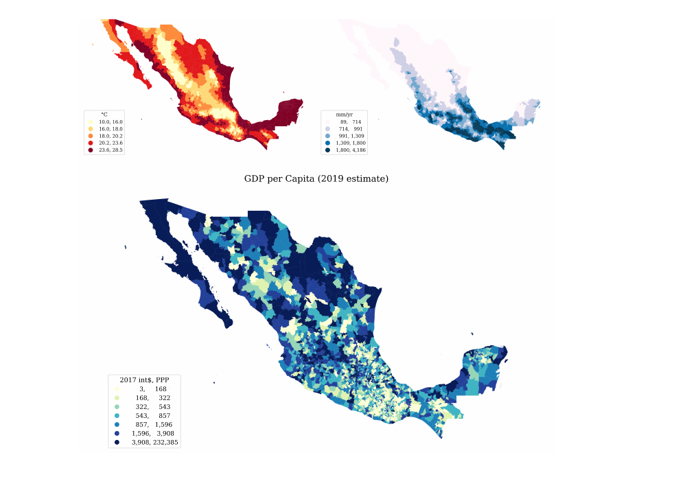 Three choropleth maps of Mexico by municipality from the paper: mean annual temperature (reds), total precipitation (blues), and GDP per capita (greens to blues).