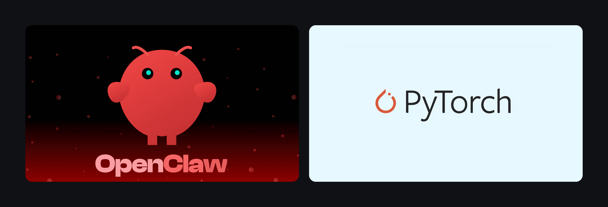 Two logo cards side by side: the OpenClaw mascot and wordmark on a dark red field, and the PyTorch flame logo and wordmark on a pale blue field.
