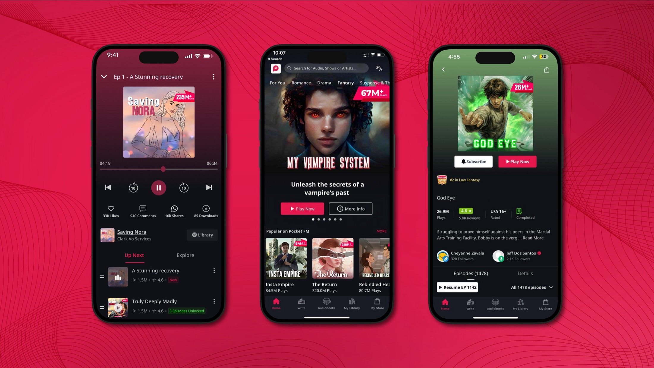 Three phone mockups of the PocketFM audio-series app on a magenta background, showing an episode player, a "My Vampire System" fantasy title with 67M+ plays, and a "God Eye" series page with play counts and ratings.